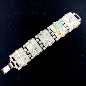 Vintage PAM Pamoli Confetti Lucite Silver Tone Panel Bracelet 1950s Signed 7"